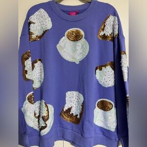 QUEEN OF SPARKLES Purple Beignet & Coffee Sweatshirt Brown and White Sequins